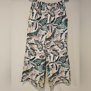 Tahari Size Large Linen Viscose Pull On Pant Wide Leg Tropical Leaf Resortwear